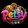 Logo for Petsy pet accessories with a dog and cat illustration on a dark background.